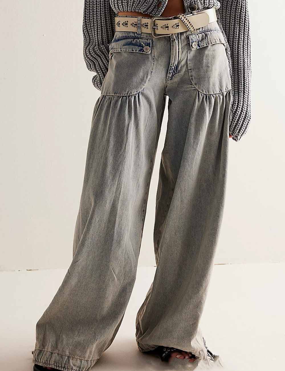 Simple Ruched Drawstring Cuffed Denim Pants