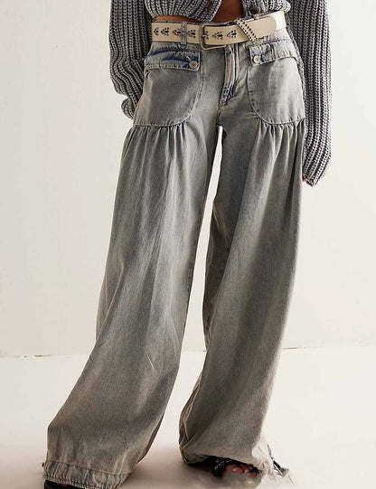 Simple Ruched Drawstring Cuffed Denim Pants