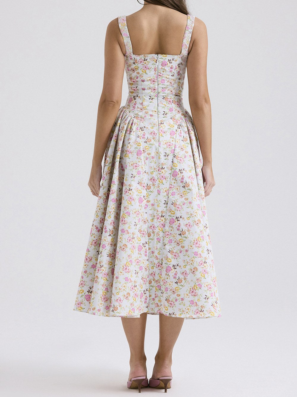 Flower Print Square Collar Spaghetti Dress