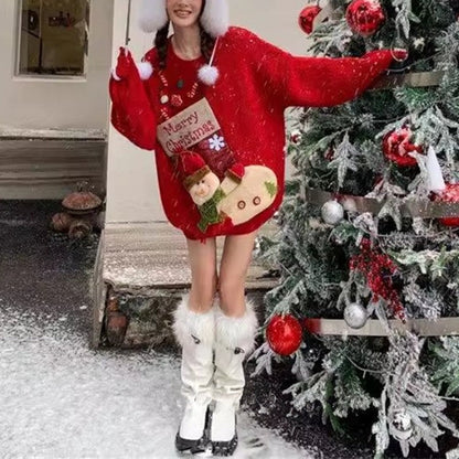 Christmas Red Knit Sweater Socks Snowman Doll