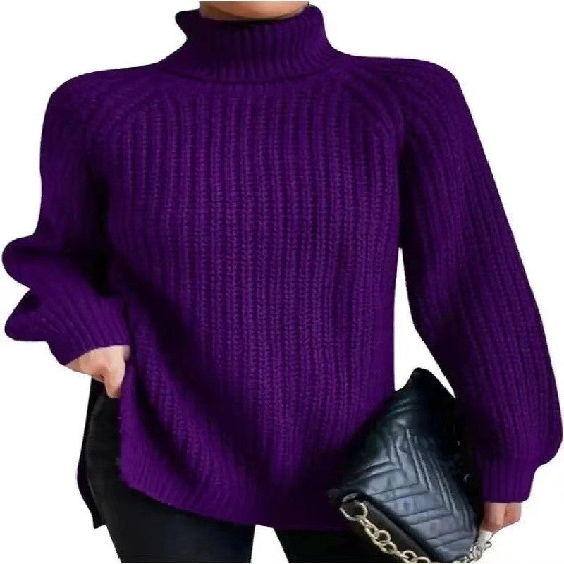 High Collar Raglan Sleeve Sweater Mid-Length Slit Hem Sweater