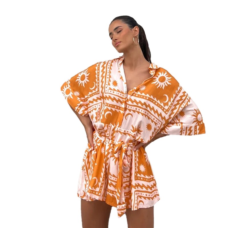 Geometric Print Romper With Waist Tie