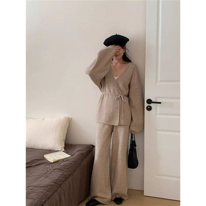 Knit Cardigan With Wide-Leg Pants Set American Retro Style Two-Piece