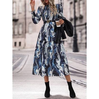 Long Sleeves Crewneck Printing A-Line Casual Dress