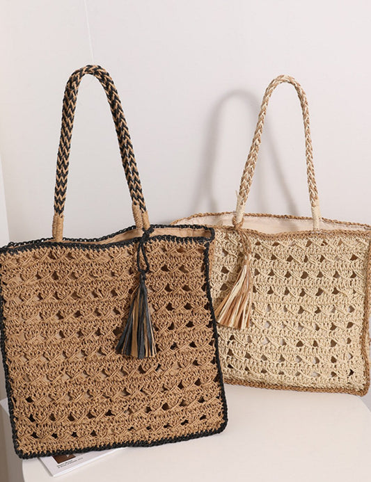 Tassel Color Block Hollow Out Woven Tote Bag