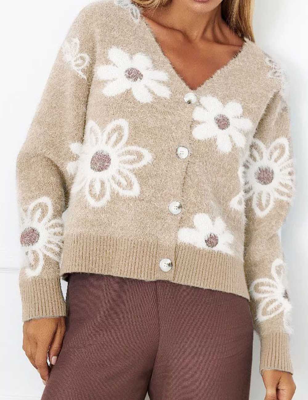 Jacquard V-Neck Button Down Cropped Knit Cardigan