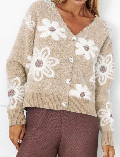 Jacquard V-Neck Button Down Cropped Knit Cardigan