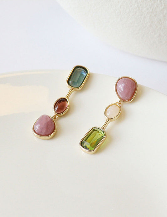 Gold Plated Square Stone Dangle Earrings