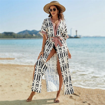 Half-Sleeve Deep-V Print Split-Front Cover-Up