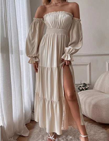 Off Shoulder Flounce Side Split Maxi Dress