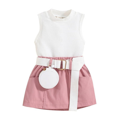 Crewneck Sleeveless Ribbed Vest And Skirt And Belted Waist Bag Three Pieces Suits