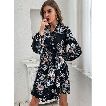 Black Vintage Long Sleeve Printed Dress