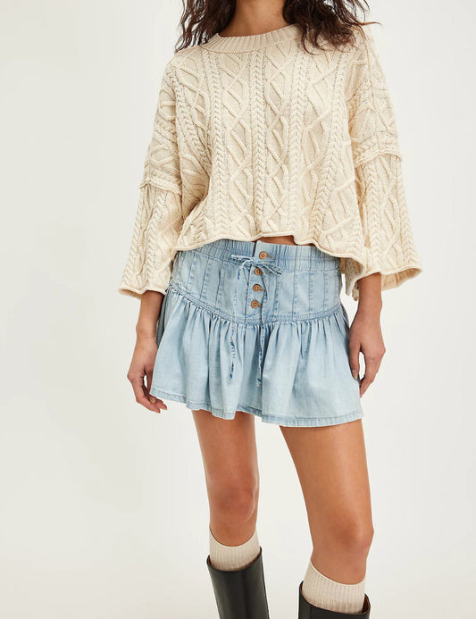 High-Waist Casual Denim Pleated Mini Skirt