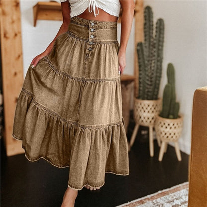 A-Line Denim Skirt With Flounce Hem