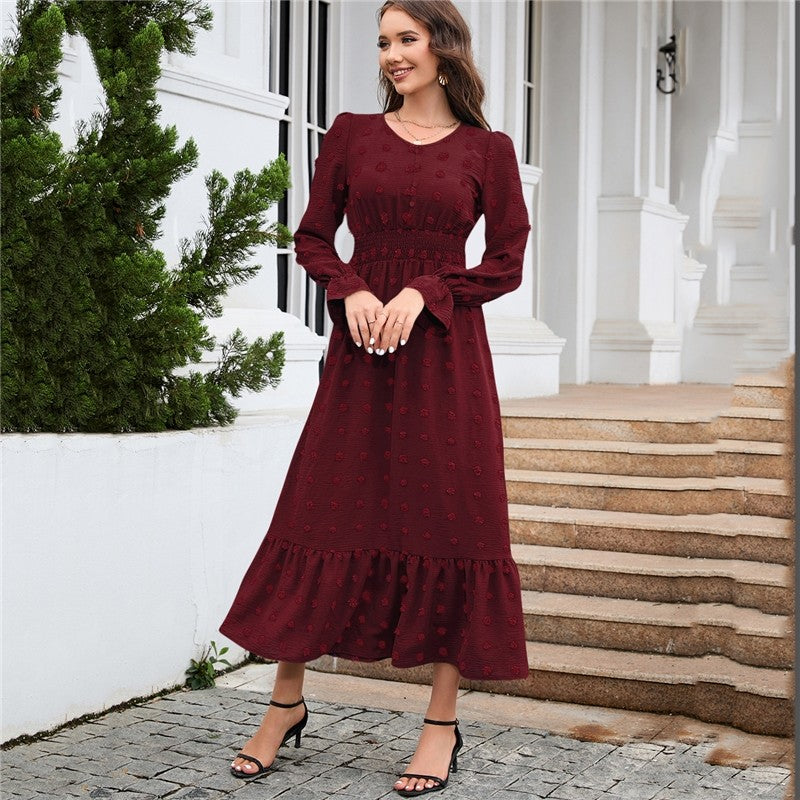 Ladies V Neck Long Sleeve Dress Jacquard Waist Neck Dress