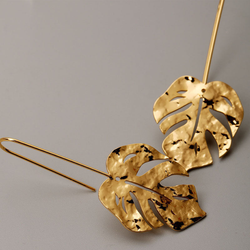 Gold Plated Monstera Leaf Drop Earrings