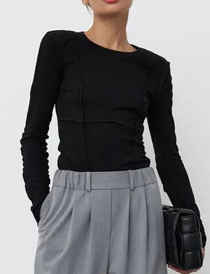 Elegant Splice Round Neck Long Sleeve Top