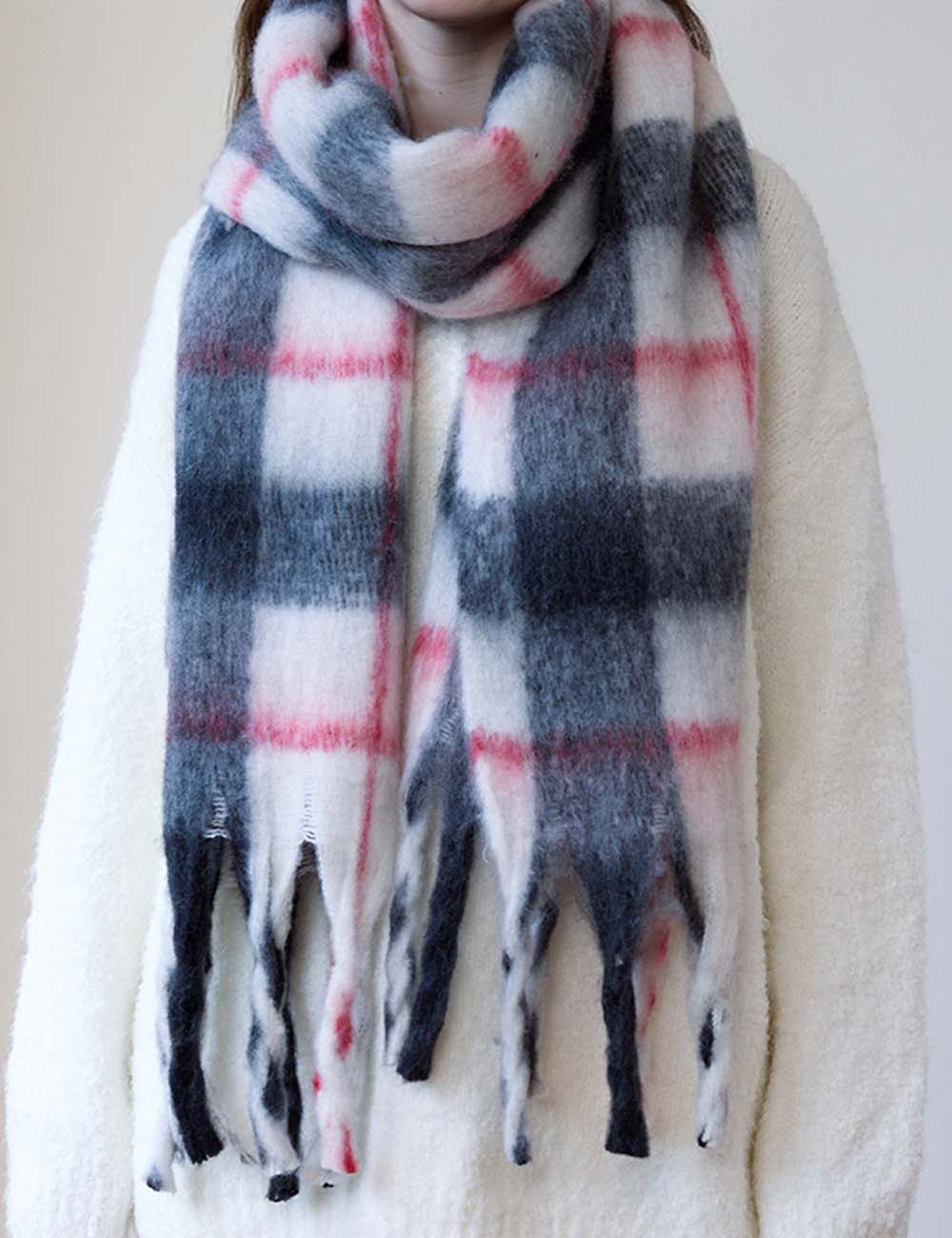 Minimalist Color Block Plaid Tassel Thick Scarf