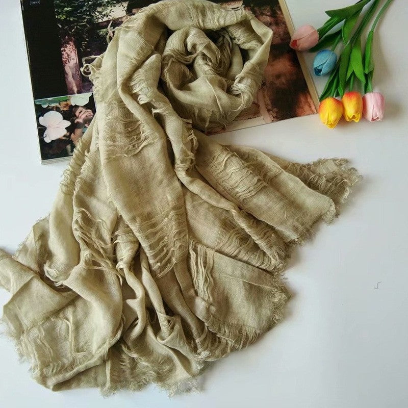 Solid Tassels Hole Cotton Blend Scarf
