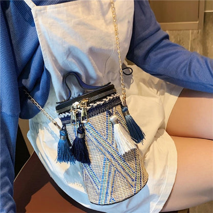 Casual Striped One Shoulder Tasseled Round Bag