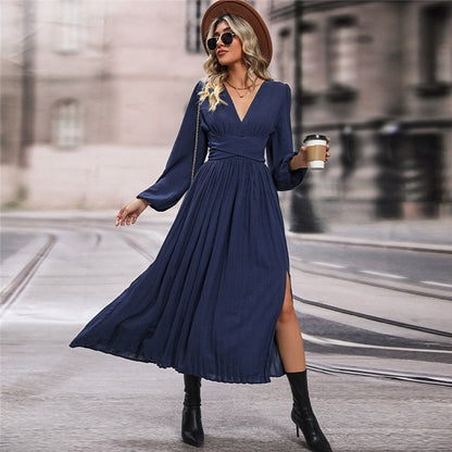 Women's V-Neck Waist Lantern Sleeve Dress