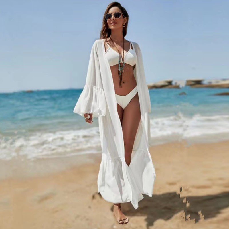 Long-Sleeve Deep-V White Cover-Up