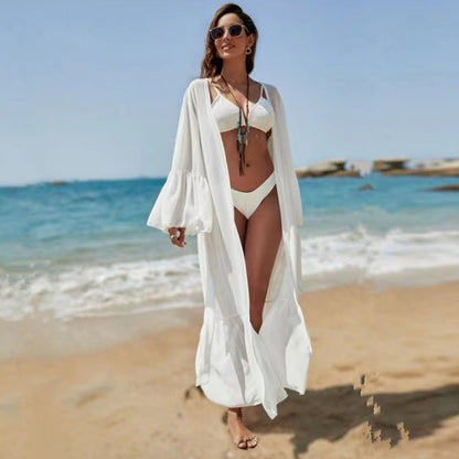 Long-Sleeve Deep-V White Cover-Up