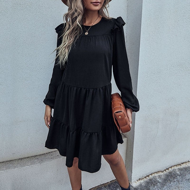Long Sleeve Black Loose Hepburn Style Dress