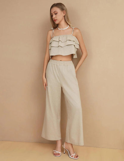 Flounce Sleeveless Tops and Pants Sets