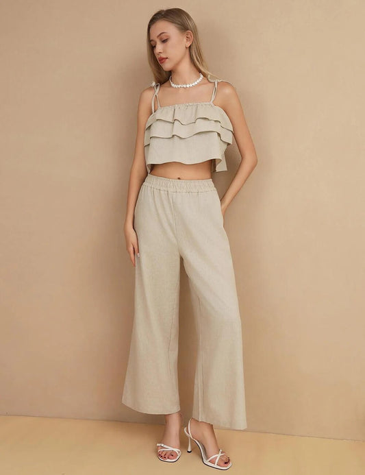 Flounce Sleeveless Tops and Pants Sets