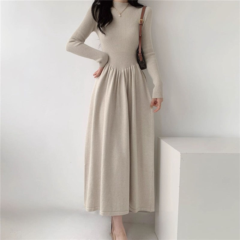Semi-High Neck Midi Sweater Dress With Waist Tuck Design