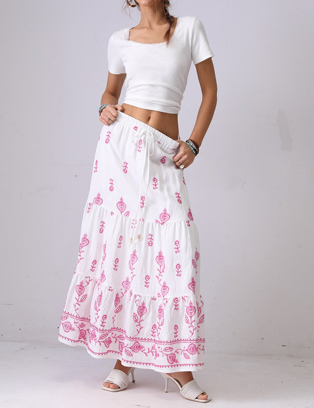 Floral Embroidered String Maxi Skirt