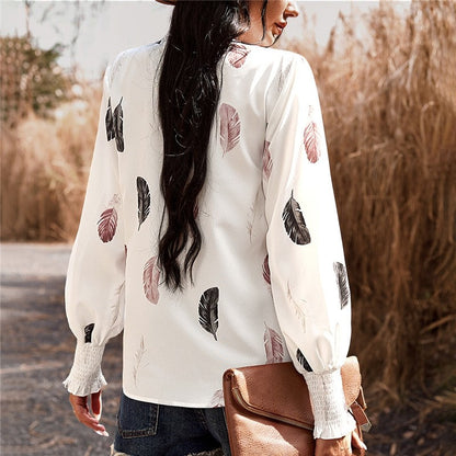 Long Sleeves V-Neck Printing Casual Loose Pullover Blouse Top