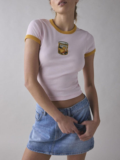 Color Block Print Ribbed Slim Tops