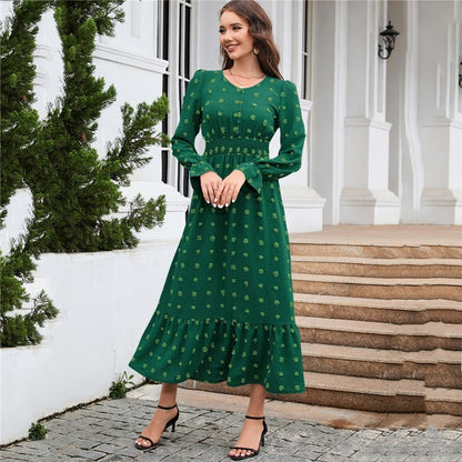 Ladies V Neck Long Sleeve Dress Jacquard Waist Neck Dress