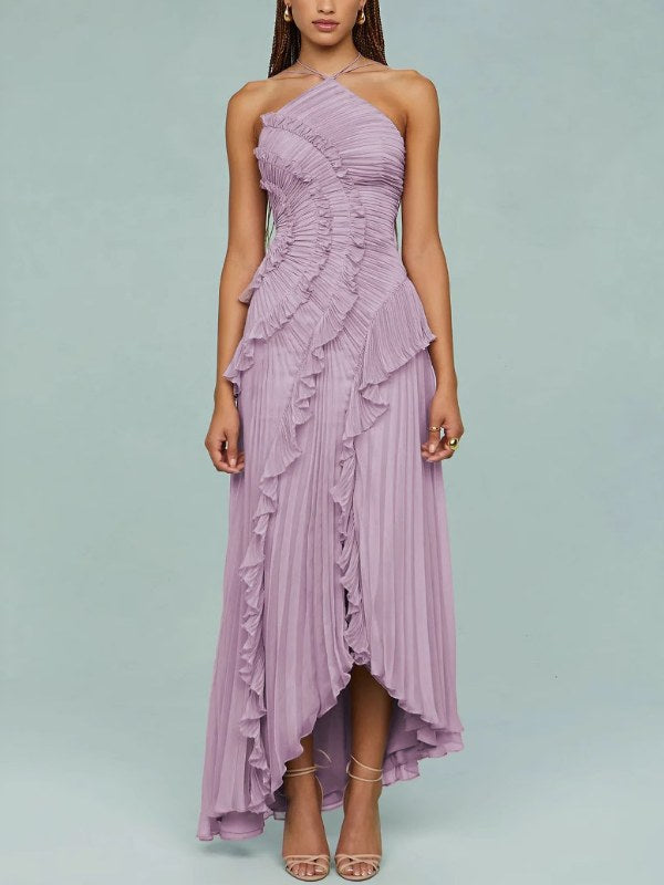 Flounce Pleated Halter Irregular Midi Dress