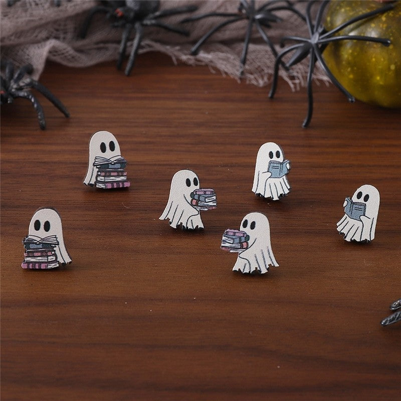 Wooden Ghost-Shaped Earrings Set For Halloween
