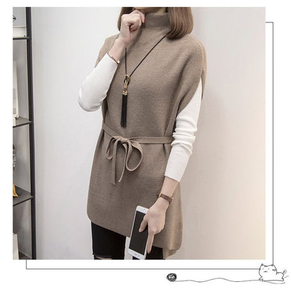 Half Turtleneck Solid Color Sleeveless Bandage Casual Loose Knitted Vest