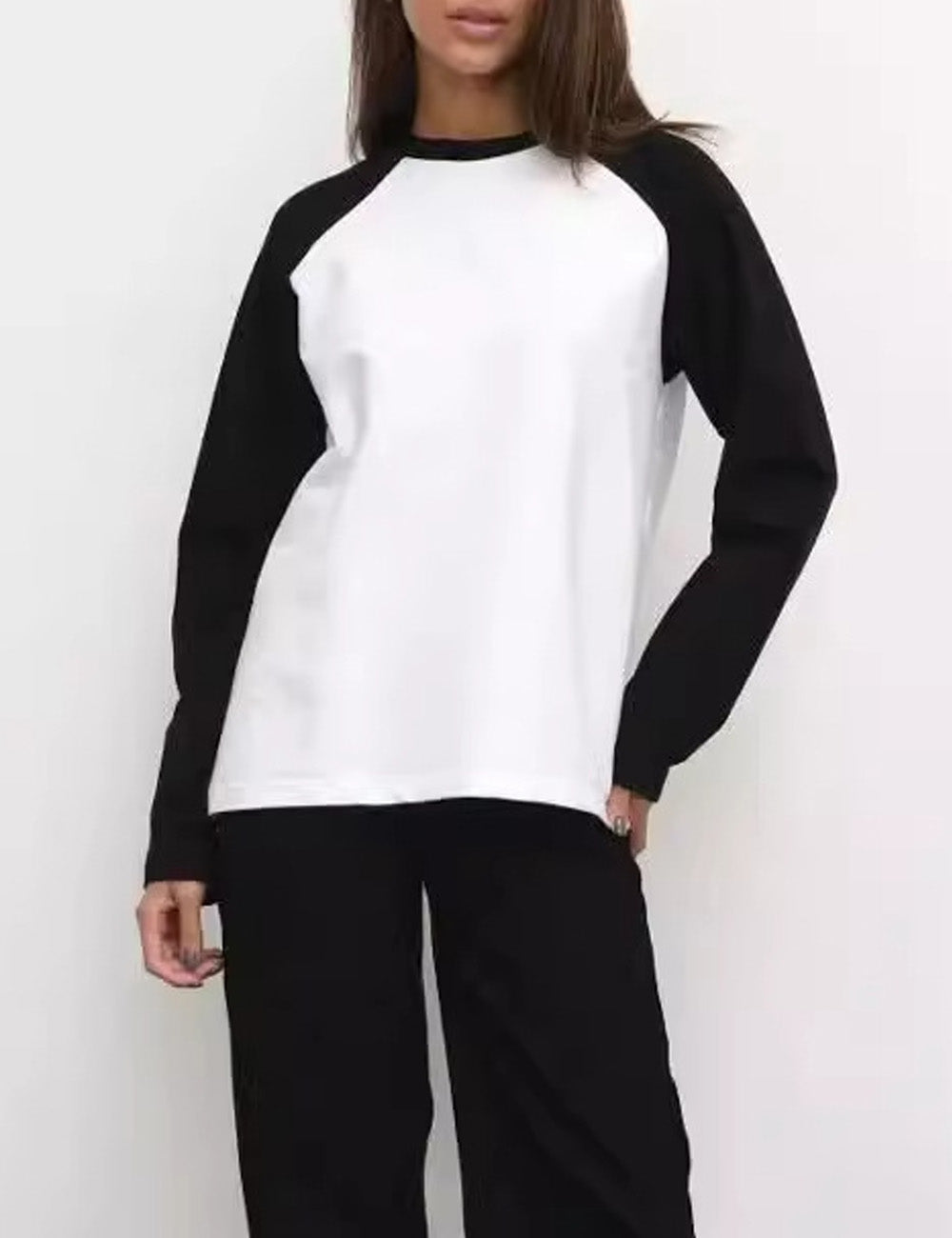 Minimalist Color Block Crew Neck Long Sleeve Top