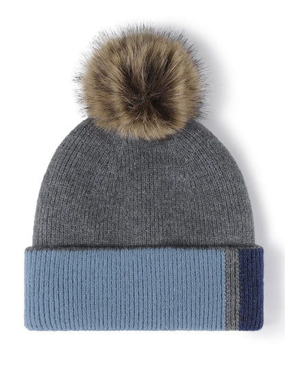 Splicing Color Block Padded Knit Pom Beanie