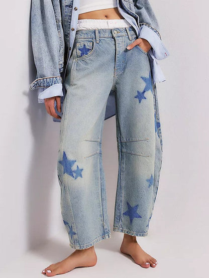 Love Star Print Loose Midi Waist Jeans