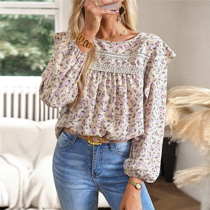 Round Neck Long Sleeve Floral Shirt
