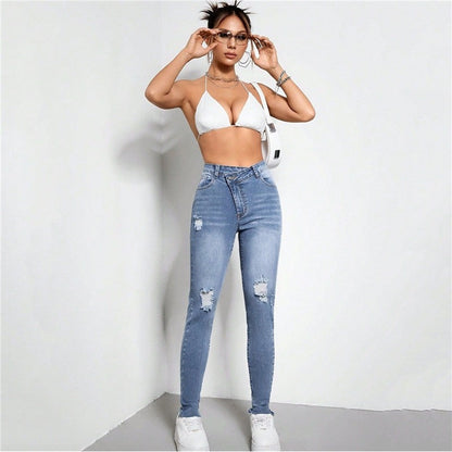 Stretch Ripped Diagonal Zippered High-Waist Slim Fit Skinny Jeans
