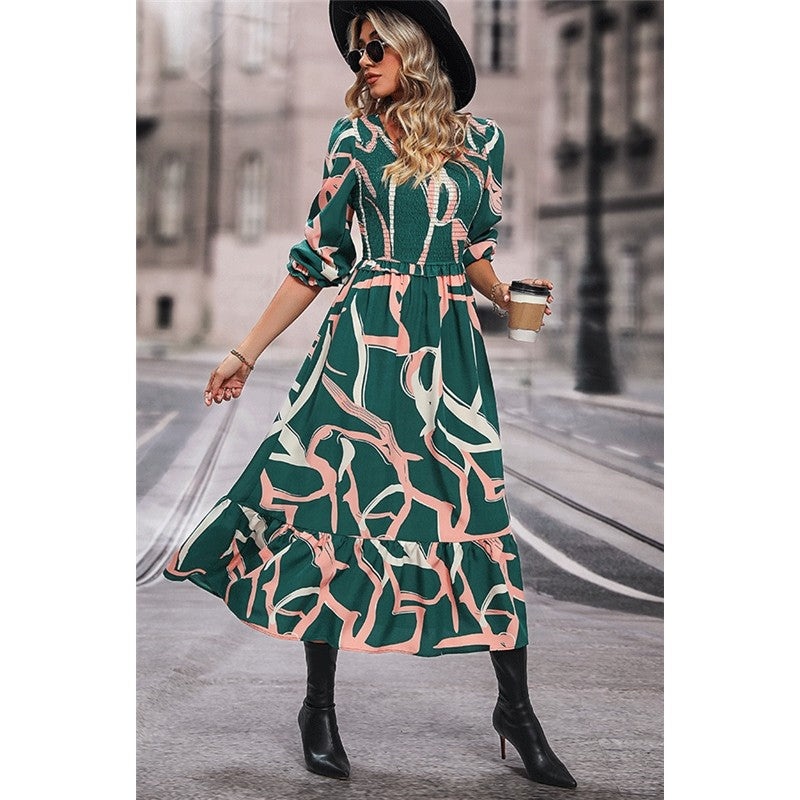 Ruffled V-Neck Printed Long-Sleeved Dress