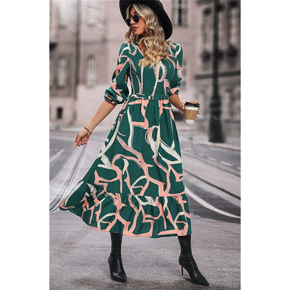 Ruffled V-Neck Printed Long-Sleeved Dress