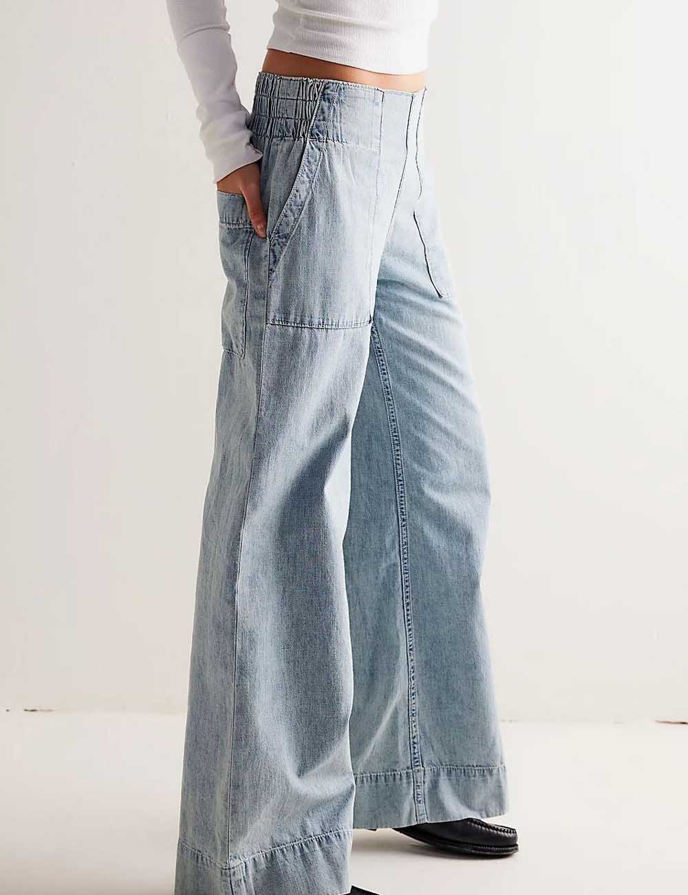 Casual Ruched Mid Waist Wide Leg Jeans