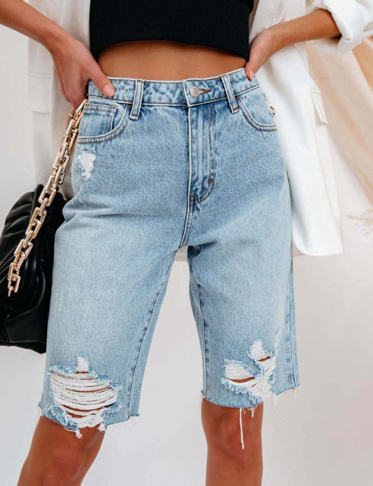 Washed Ripped Straight Leg Denim Shorts