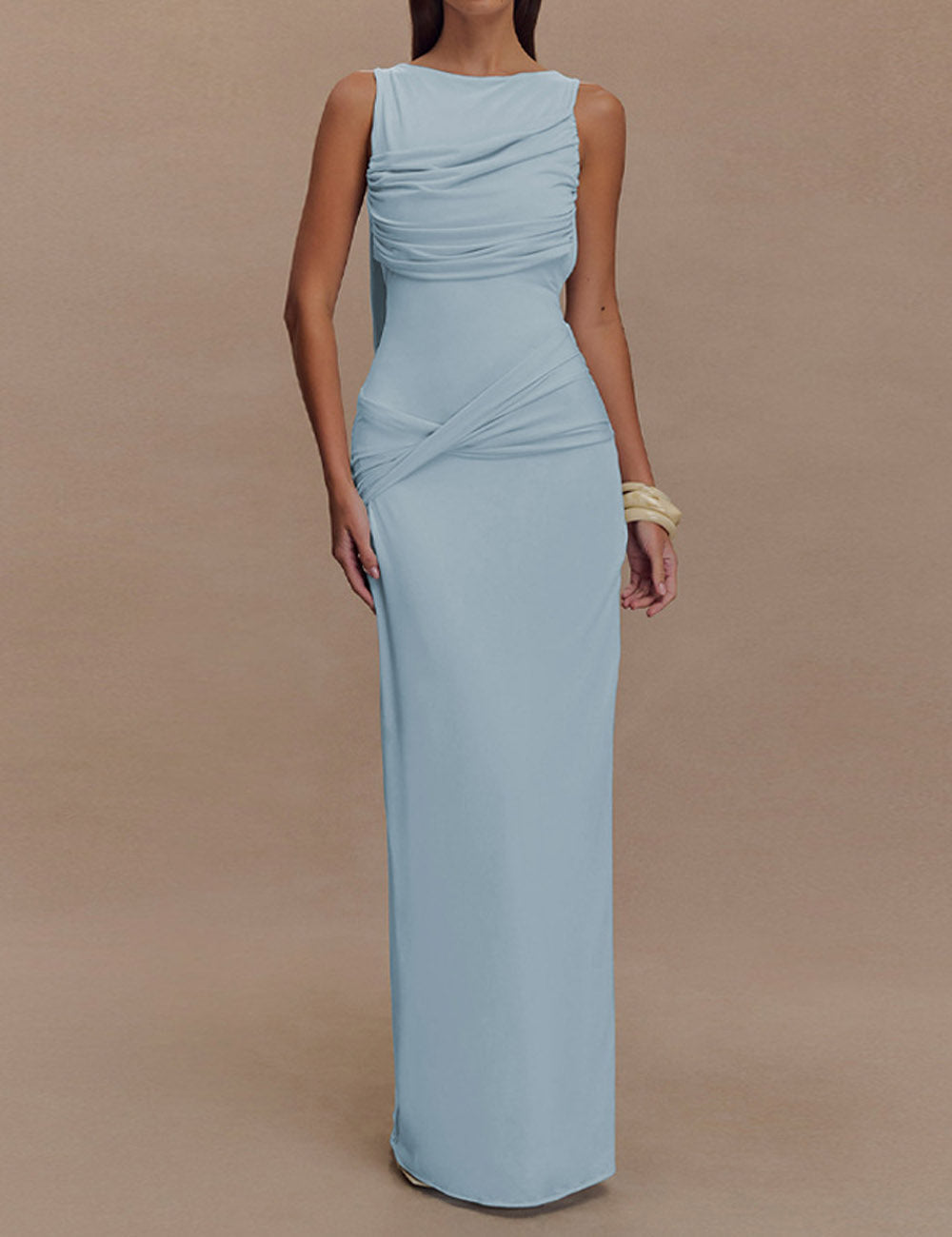 Fashion Round Neck Pleated Sleeveless Maxi Dress