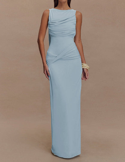 Fashion Round Neck Pleated Sleeveless Maxi Dress