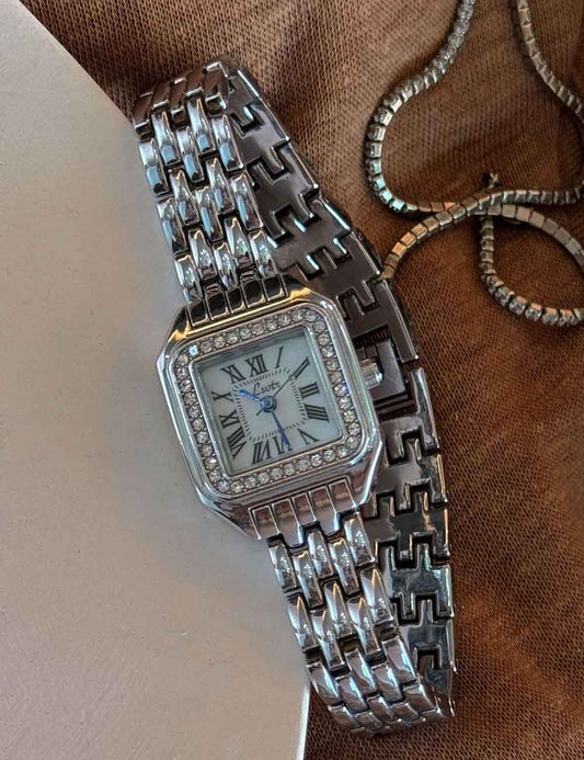 Vintage Roman Square Rhinestone Bezel Quartz Watch